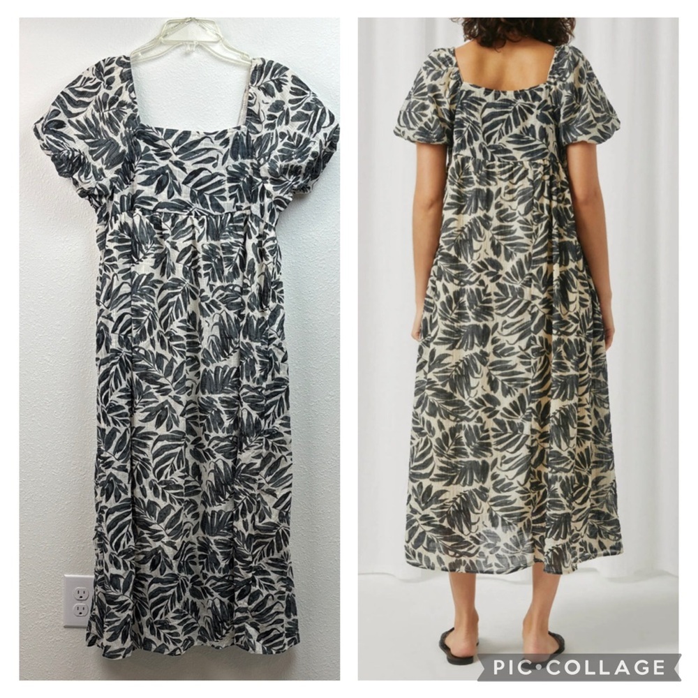 Hayden black & dark gray leaf print silk-organza - like square neck A line dress - Picture 2 of 8